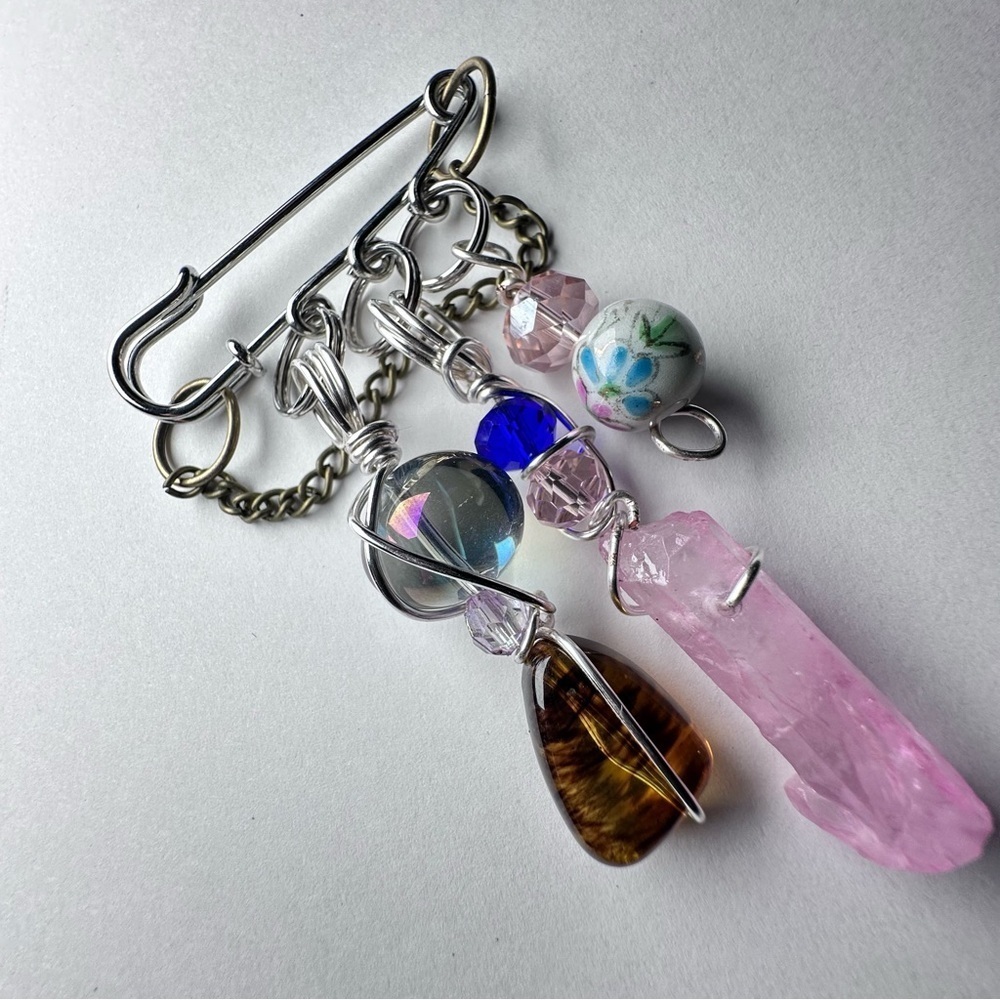 Artisan Pink Crystal Brooch | Hand Crafted | Glass Beads Pin Wire-Wrapped OOAK